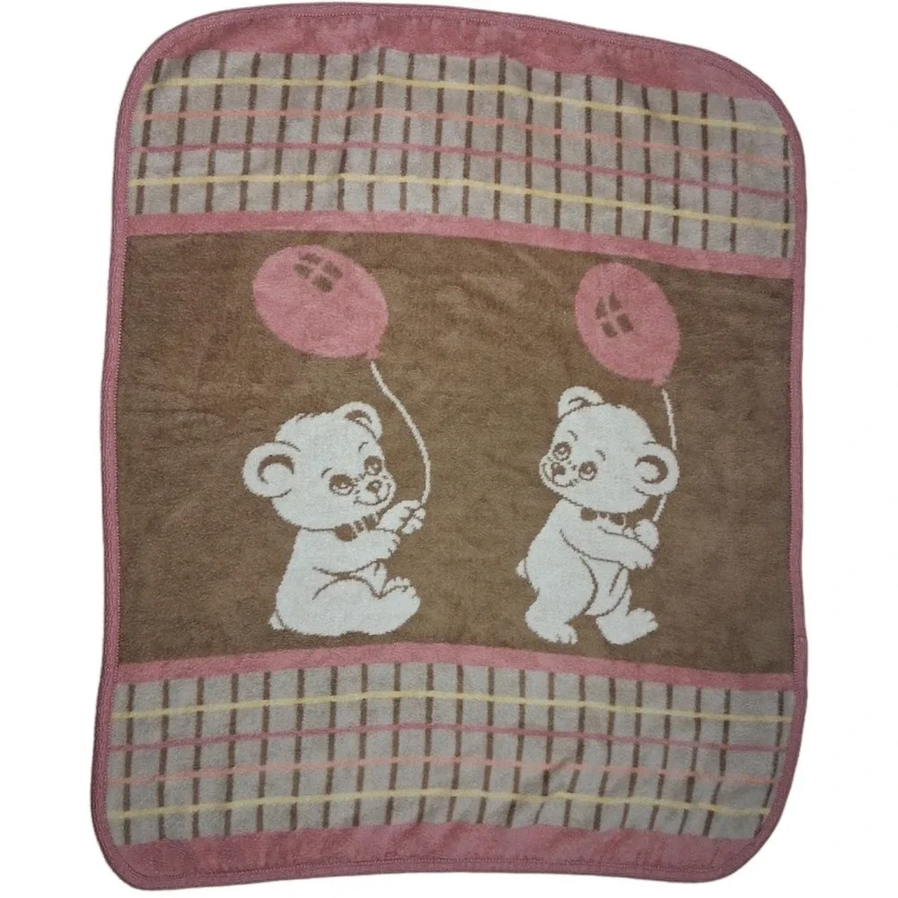 Vtg San Marcos Brown Bear Balloon Reversible Blanket Pink Yellow Soft 40x50 Htf